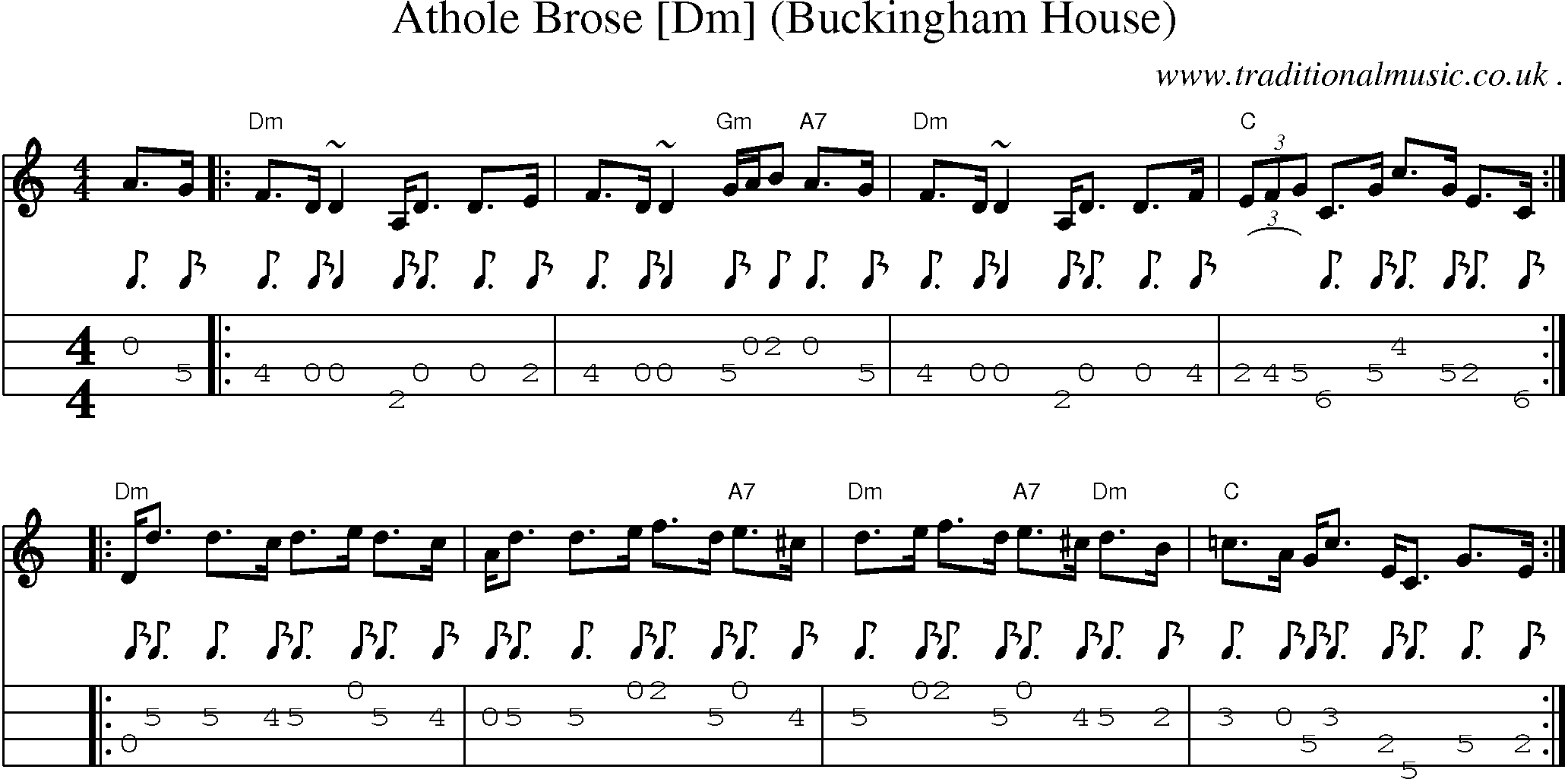 Sheet-music  score, Chords and Mandolin Tabs for Athole Brose [dm] Buckingham House